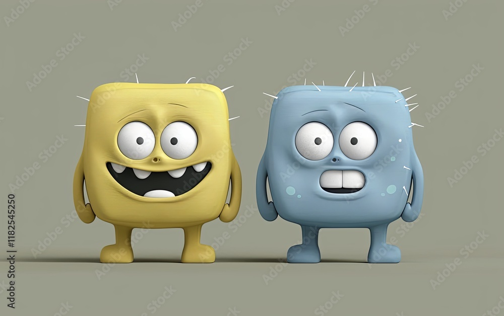 Fototapeta premium Two cartoon monsters with big eyes and big smiles full of teeth. Imitation of a painted picture. Illustration for banner, poster, cover, brochure or presentation.