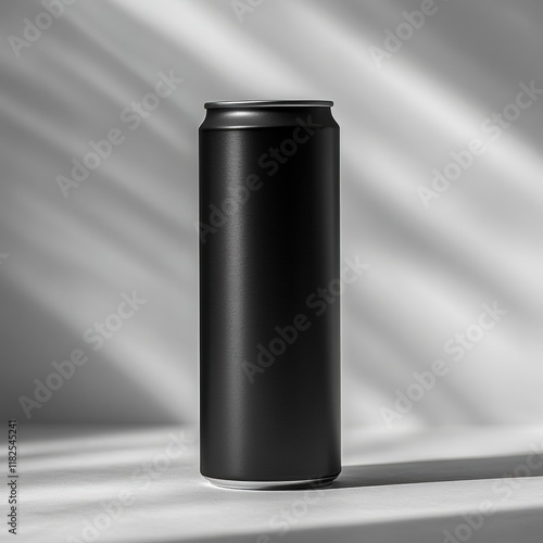 Sleek black aluminum beverage can featuring ample branding space, ideal for product promotion, versatile mockup with transparent backdrop photo