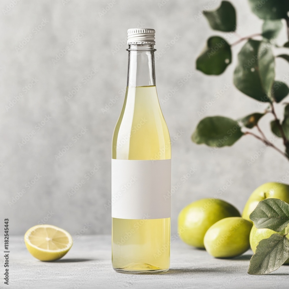 Transparent juice bottle design featuring customizable branding area and blank white labels, ideal for product presentation and marketing purposes Transparent juice bottle design featuring customizable branding area and blank white labels, ideal for product presentation and marketing purposes