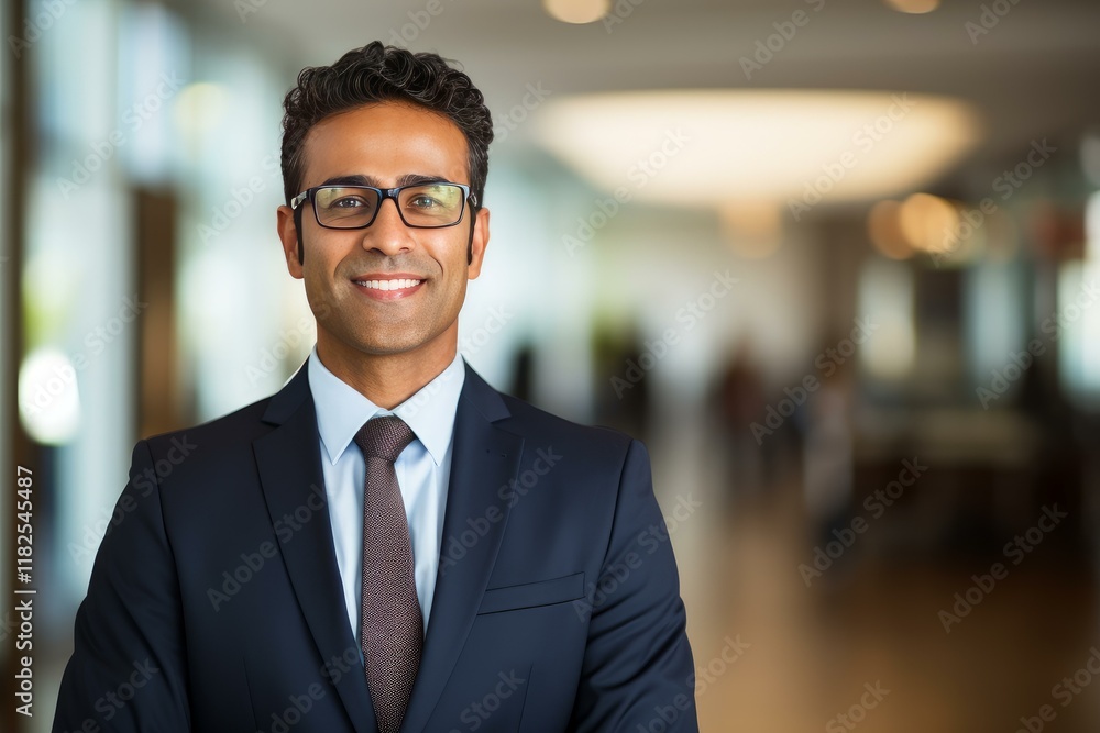Portrait of smiling businessman wearing suit and glasses in office building Portrait of smiling businessman wearing suit and glasses in office building
