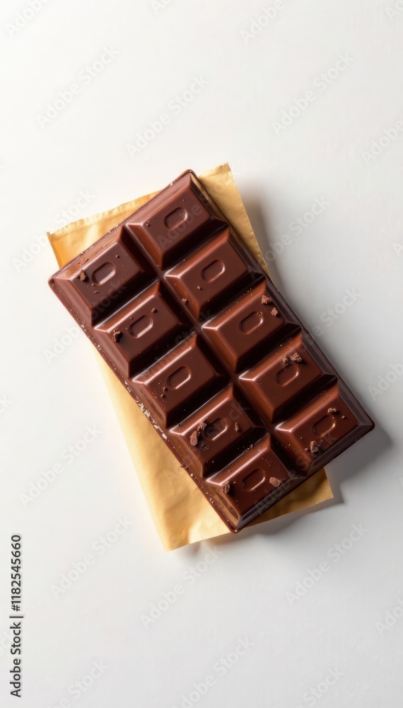 Obraz premium Chocolate bar on white background with wrapper, decorative, sealed, sweet treat