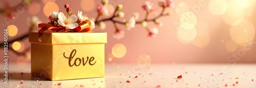 Golden presentbox on spring blosoom flowers background photo