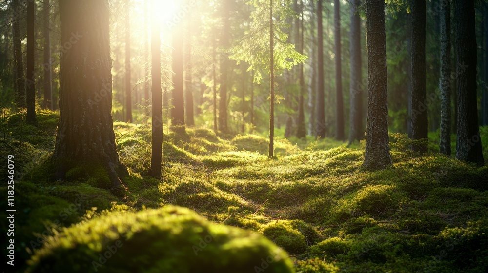 Obraz premium Sunlit Forest Path: A Serene Escape into Nature's Embrace. A breathtaking view of a sunlit forest floor, showcasing the beauty of nature's tranquility.