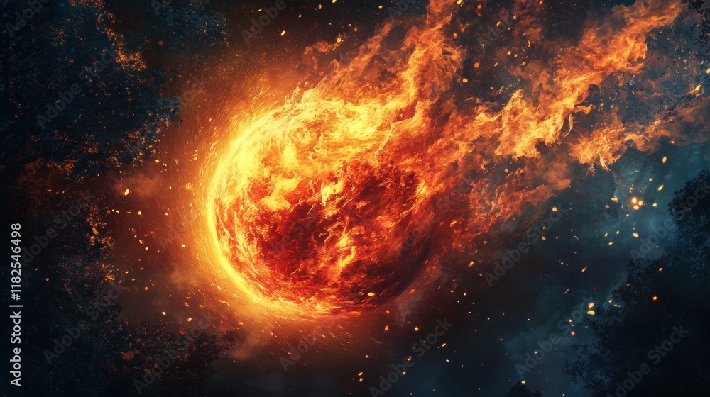 Obraz premium Intense fireball, vibrant orange and red flames, dynamic movement, captivating warmth, energy and power in a mesmerizing display