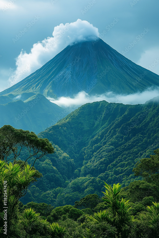 Fototapeta premium Volcan endormi avec fumée légère et végétation luxuriante