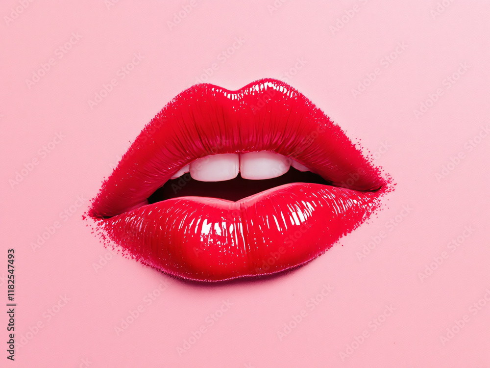 Obraz premium Lips, red, glossy, close-up, makeup, vibrant, sexy, kiss, pout, shiny, bold, alluring, cosmetics, beauty, mouth, glamour, lipstick, sensual, attractive, provocative, luscious, enticing, seductive, gli