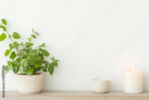 Wallpaper Mural Serene Indoor Plant Arrangement with Candle on Wooden Shelf in Soft Warm Light Torontodigital.ca