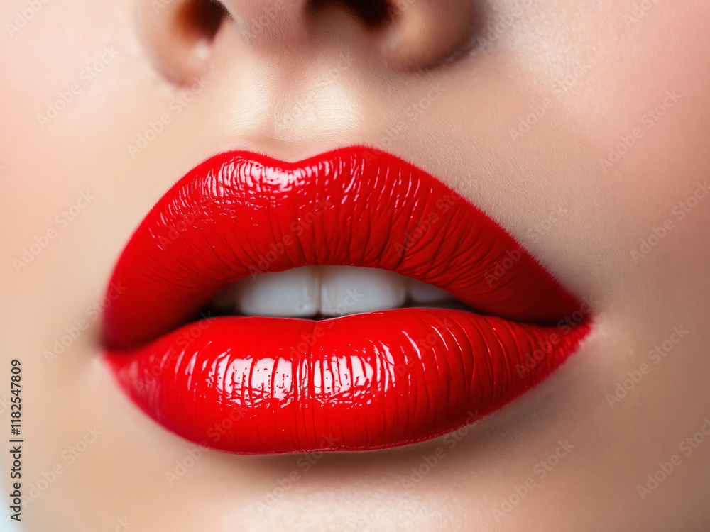 Fototapeta premium Lips, red, glossy, close-up, makeup, vibrant, sexy, kiss, pout, shiny, bold, alluring, cosmetics, beauty, mouth, glamour, lipstick, sensual, attractive, provocative, luscious, enticing, seductive, gli