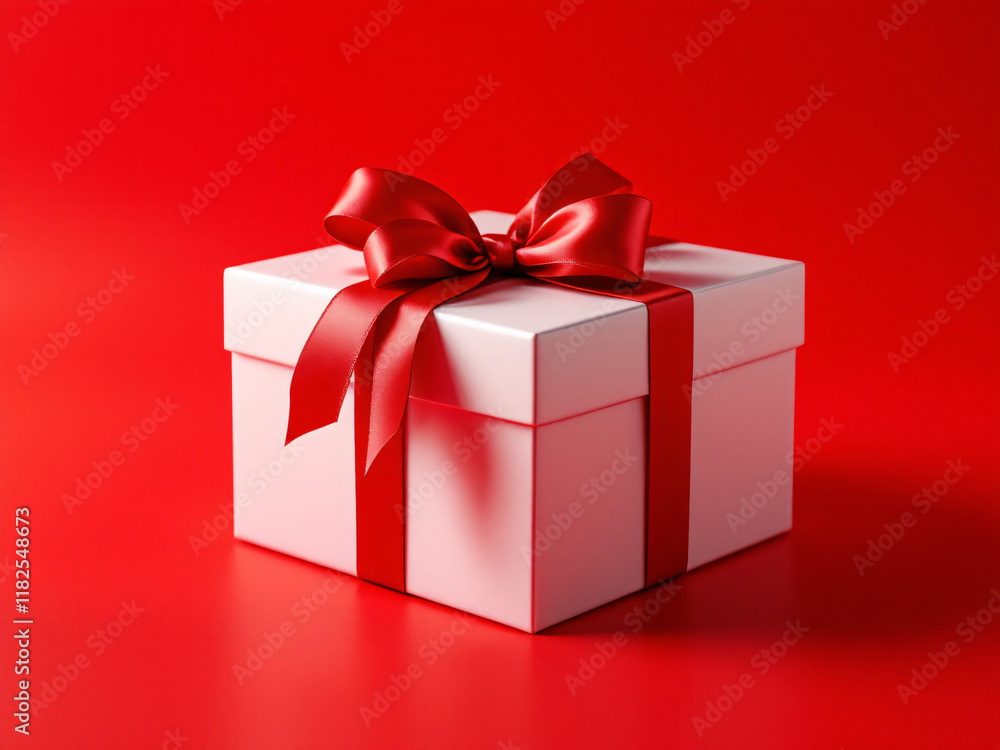 White gift box with red ribbon on a red background. White gift box with red ribbon on a red background.