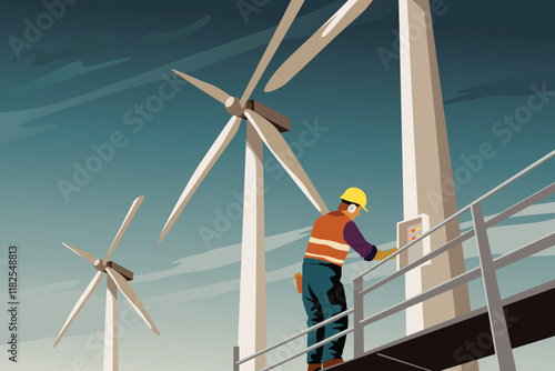 Wind Turbine Service Worker Working in the Field Vector Illustration