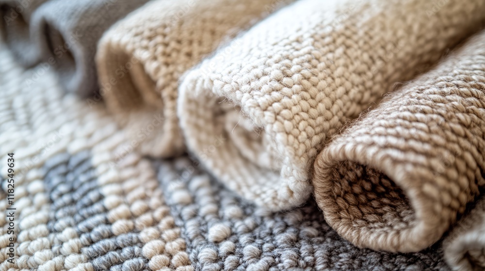 Rolled earth-toned wool rugs on display with textured patterns Rolled earth-toned wool rugs on display with textured patterns