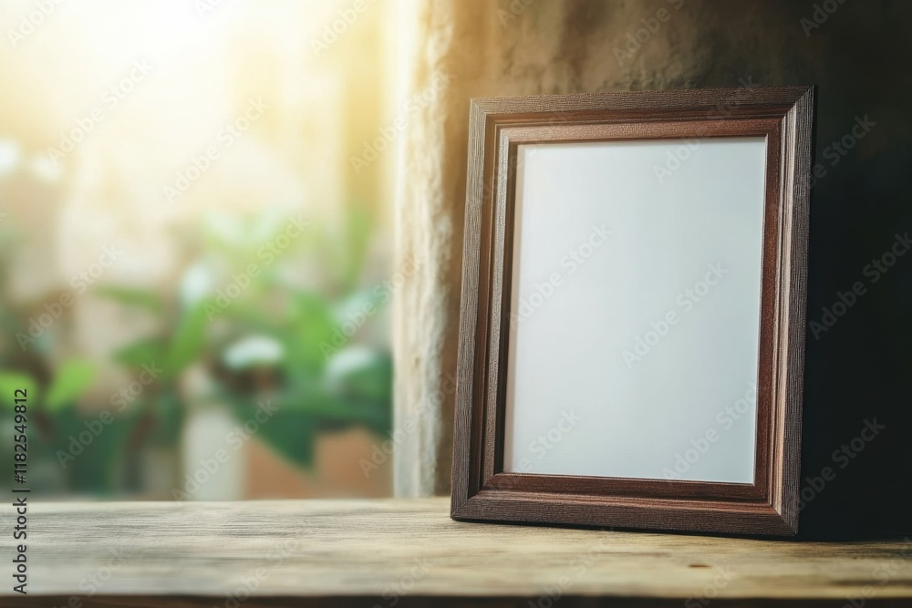 Thoughtful display of an empty frame by a sunlit window with lush greenery in the background creating a serene atmosphere Thoughtful display of an empty frame by a sunlit window with lush greenery in the background creating a serene atmosphere
