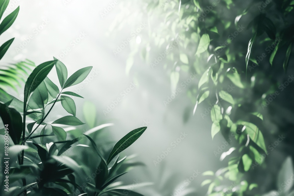 Lush green foliage illuminated by soft sunlight creates a tranquil atmosphere in a mystical forest setting Lush green foliage illuminated by soft sunlight creates a tranquil atmosphere in a mystical forest setting