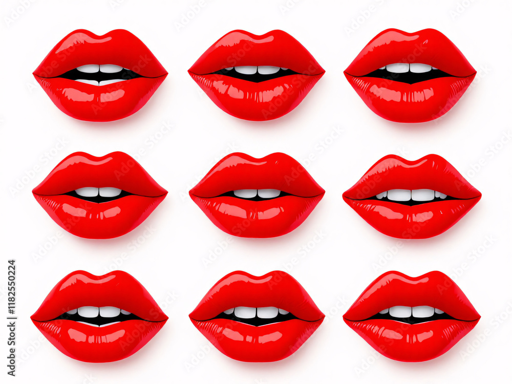 Multiple pairs of glossy red lips arranged in a neat grid pattern on a white background. Multiple pairs of glossy red lips arranged in a neat grid pattern on a white background.