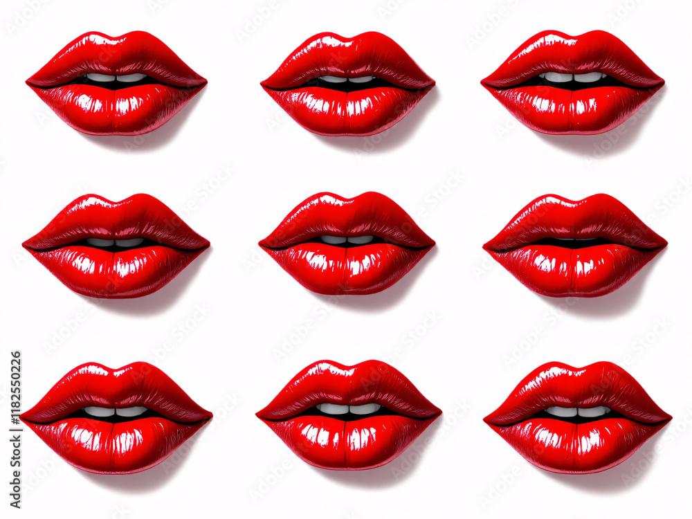 Obraz premium Multiple pairs of glossy red lips arranged in a neat grid pattern on a white background.