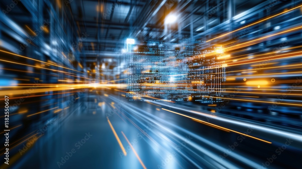 Futuristic data grid concept with glowing lines in a high-tech industrial setting Futuristic data grid concept with glowing lines in a high-tech industrial setting