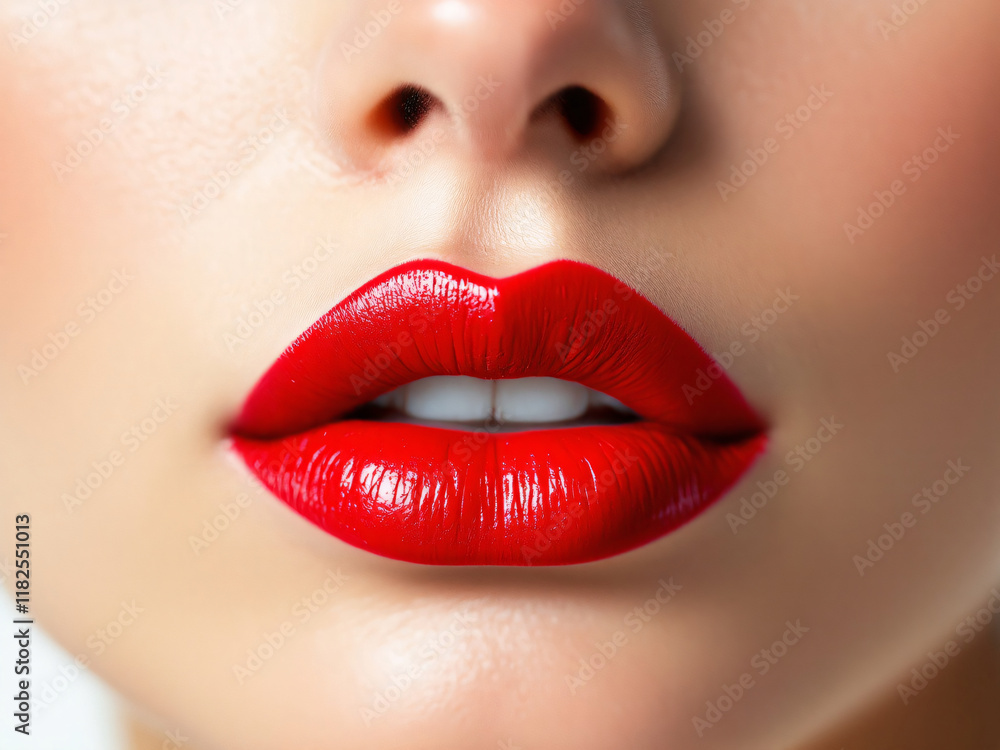 Obraz premium Lips, red, glossy, close-up, makeup, vibrant, sexy, kiss, pout, shiny, bold, alluring, cosmetics, beauty, mouth, glamour, lipstick, sensual, attractive, provocative, luscious, enticing, seductive, gli