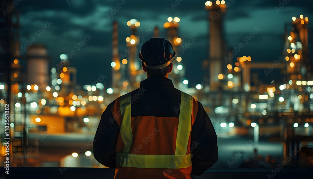 Rear View of Engineer in Safety Uniform with Oil Refinery Industry Plant in the Background at Night - Rear View of Engineer in Safety Uniform with Oil Refinery Industry Plant in the Background at Night -