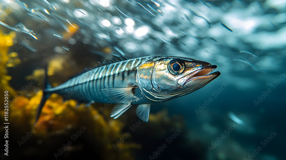 Fototapeta premium A barracuda darting through the water, with blurred streaks of silver as the background, during a high-speed underwater moment