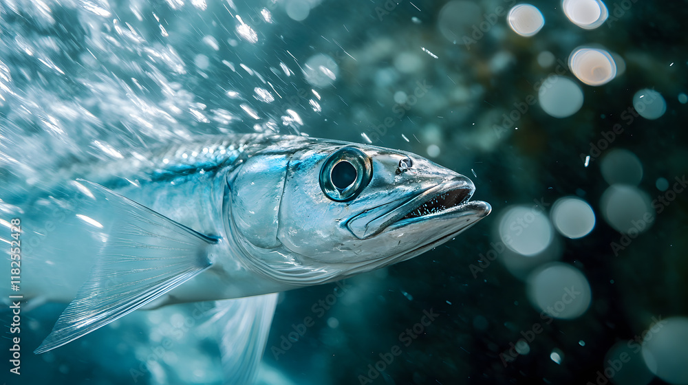 Fototapeta premium A barracuda darting through the water, with blurred streaks of silver as the background, during a high-speed underwater moment