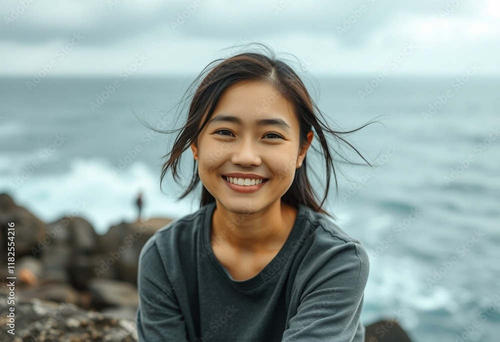 A smiling woman on a rocky cliff with a stormy sea in the background, conveying melancholy and longing A smiling woman on a rocky cliff with a stormy sea in the background, conveying melancholy and longing