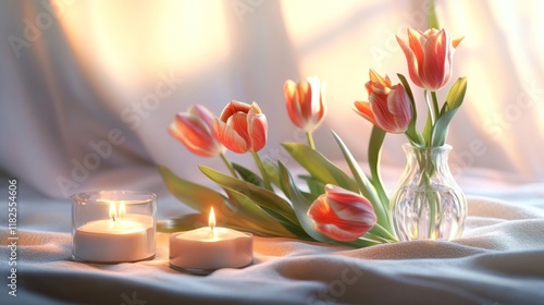Wallpaper Mural Tulips in glass vase with lit candles on fabric. Torontodigital.ca