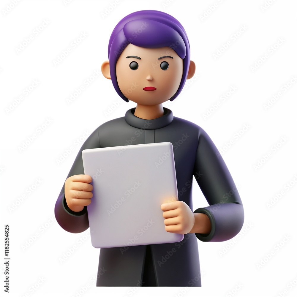 A 3D rendered character with purple hair and a dark outfit holds a white rectangular object against a plain white background. Minimalist design. A 3D rendered character with purple hair and a dark outfit holds a white rectangular object against a plain white background. Minimalist design.