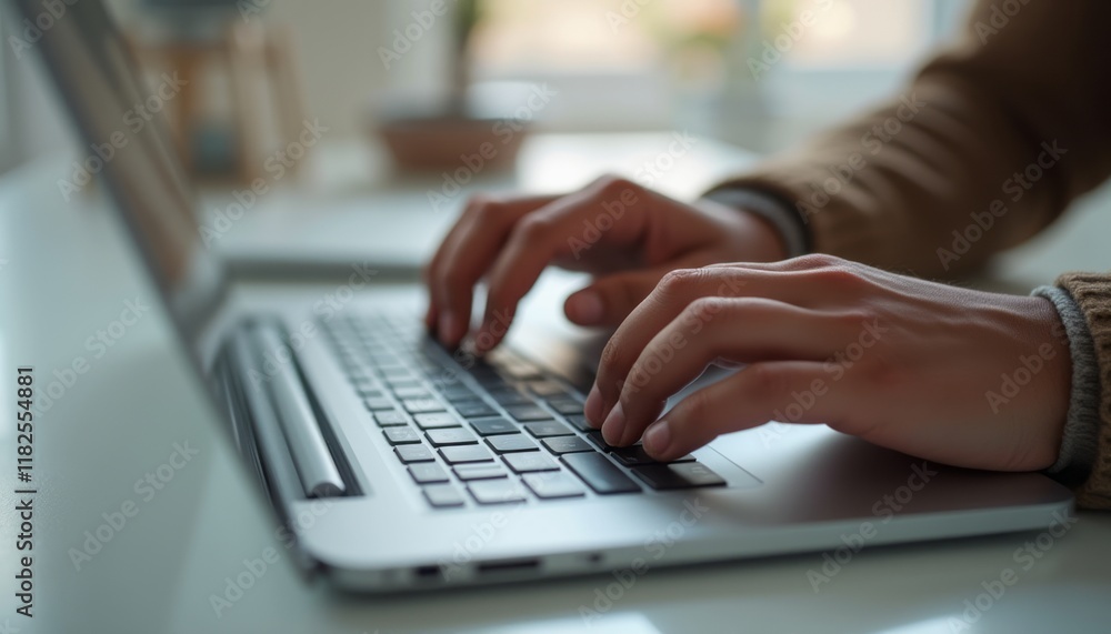 A close-up of a persons hands, elegantly poised over a laptop keyboard, captures the essence of productivity and creativity. The warm, inviting atmosphere of the workspace enhances the scene A close-up of a persons hands, elegantly poised over a laptop keyboard, captures the essence of productivity and creativity. The warm, inviting atmosphere of the workspace enhances the scene