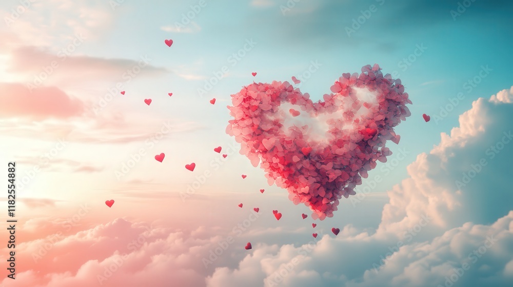 Fototapeta premium romantic pink and red petal heart in sunrise clouds