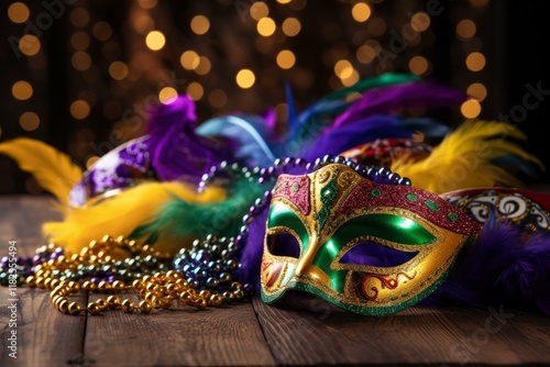 Colorful mardi gras mask and beads sit on a wooden table, illuminated by festive bokeh lights, capturing the spirit of carnival photo