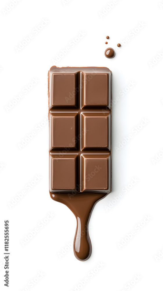 Obraz premium Pieces of melted chocolate bar with dripping drops isolated on white background