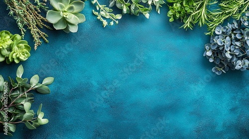 Wallpaper Mural Green plants and succulents arranged on a vibrant blue background for decoration Torontodigital.ca