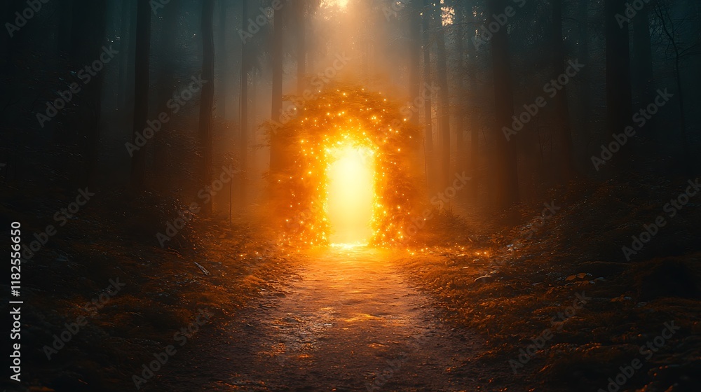 Fototapeta premium Glowing Portal In A Misty Forest Path