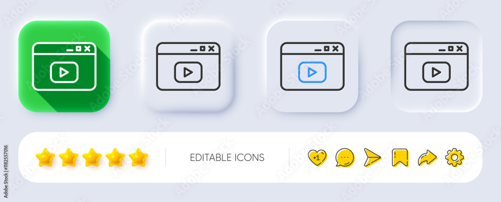 Browser Window line icon. Neumorphic, Flat shadow, 3d buttons. Video content sign. Internet page symbol. Line video content icon. Social media icons. Vector Browser Window line icon. Neumorphic, Flat shadow, 3d buttons. Video content sign. Internet page symbol. Line video content icon. Social media icons. Vector