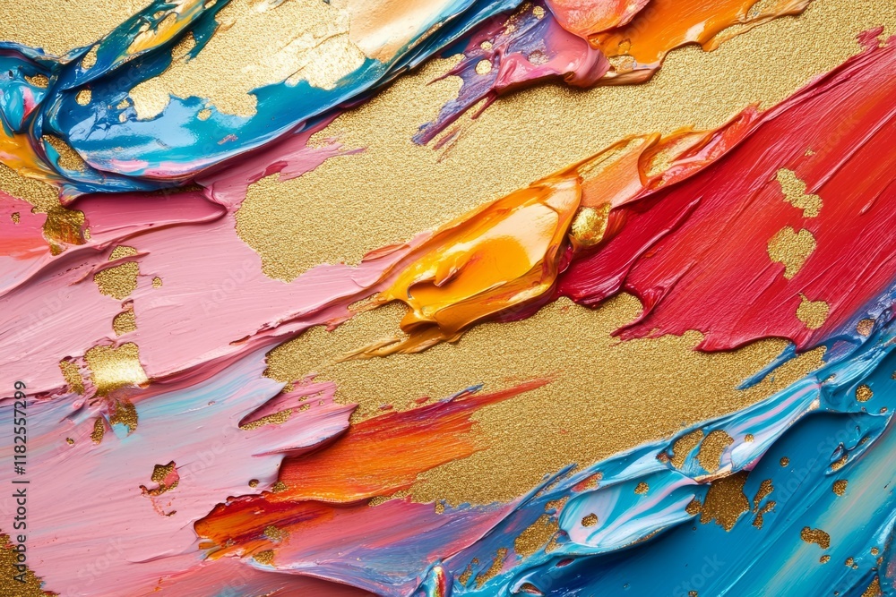 Fototapeta premium Vibrant oil paint in various colors is applied on a textured gold background, creating an abstract artwork with visible brushstrokes
