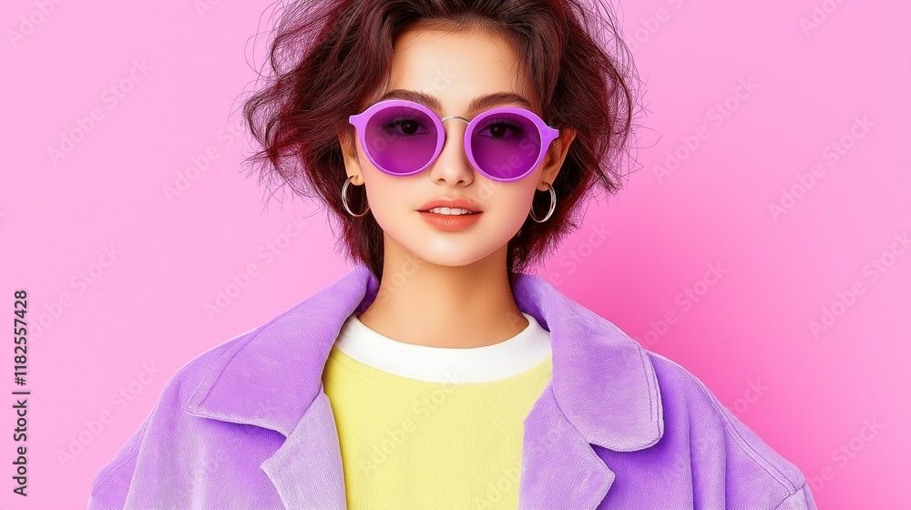 young woman with short, tousled hair stands confidently in oversized purple sunglasses, dressed in a colorful outfit that complements a bright pink backdrop, showcasing modern fashion trends young woman with short, tousled hair stands confidently in oversized purple sunglasses, dressed in a colorful outfit that complements a bright pink backdrop, showcasing modern fashion trends