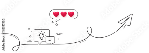 Idea lamp with Speech bubbles line icon. Continuous line with share plane. Communication sign. Light bulb symbol. Hearts rate review in speech bubble. Idea lamp single line ribbon. Vector