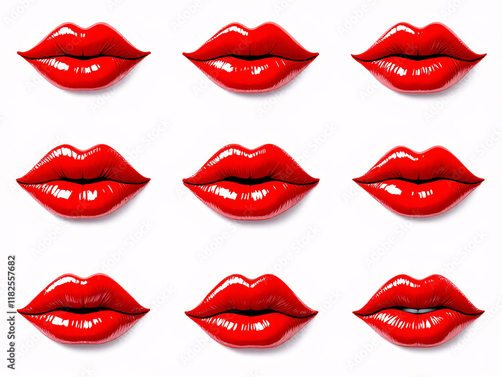 Obraz premium Multiple pairs of glossy red lips arranged in a neat grid pattern on a white background.