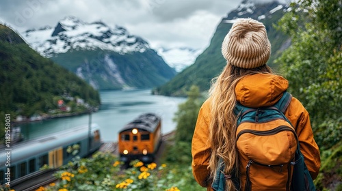 Traveler admires scenic view of mountains and lake while a train passes by on a cloudy day in Norwegian fjords