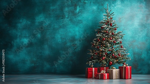 Festively decorated Christmas tree with presents against a teal backdrop