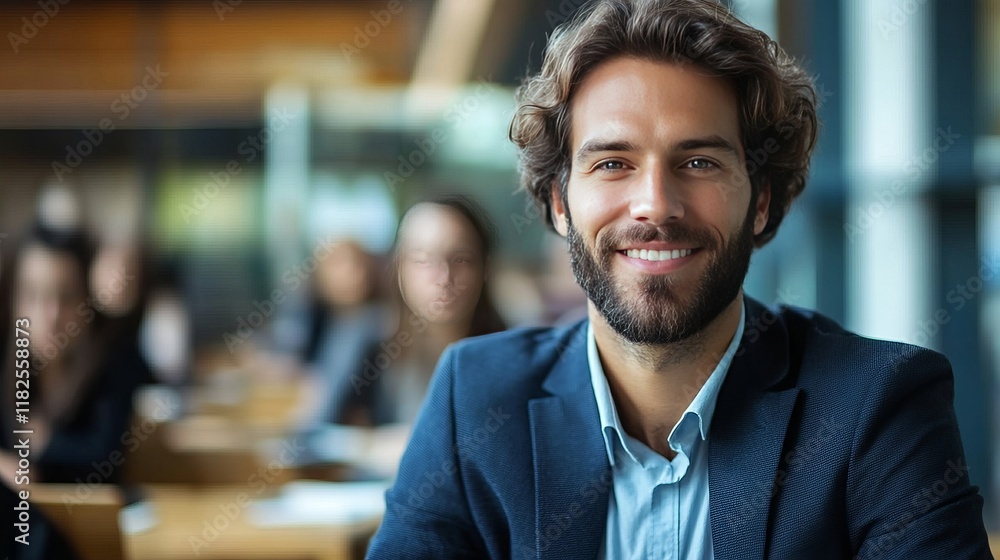 Obraz premium Confident young caucasian male in business attire smiling in office setting