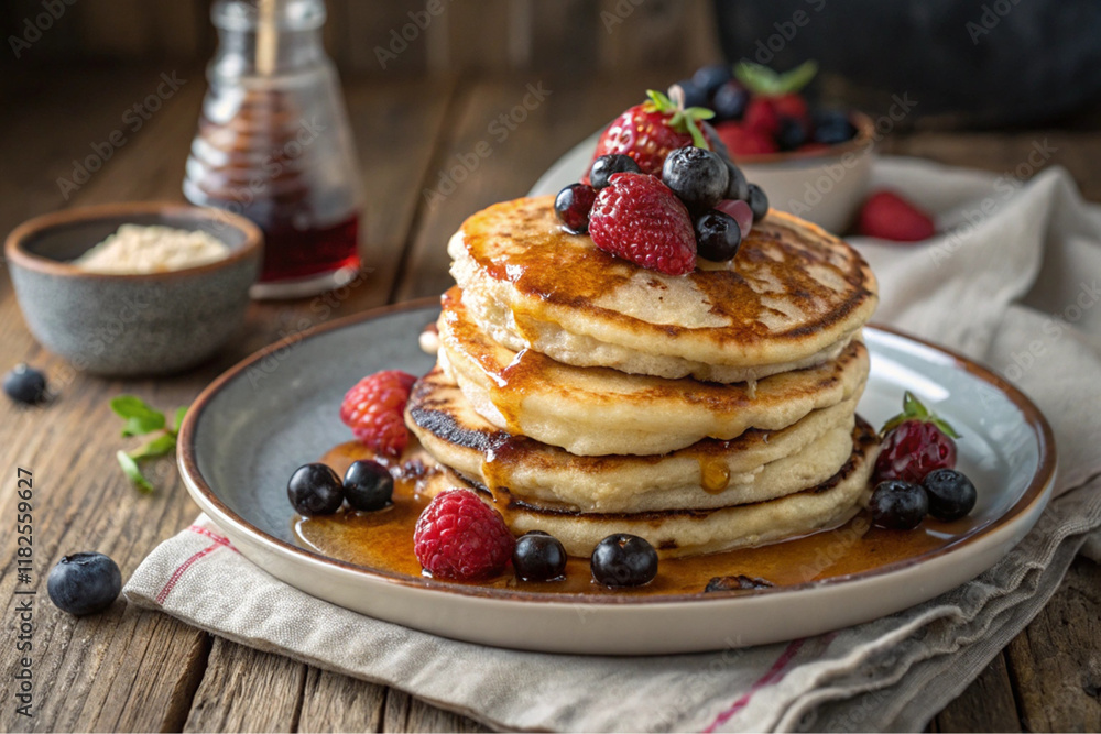 Delicious Stack of Buttermilk Pancakes Topped with Fresh Berries and Maple Syrup Delicious Stack of Buttermilk Pancakes Topped with Fresh Berries and Maple Syrup