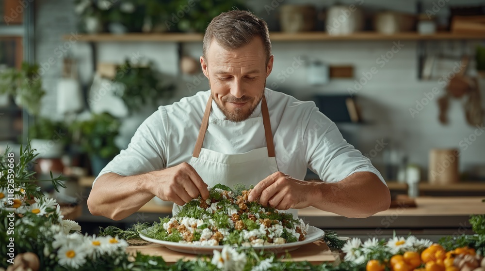 Fototapeta premium chef meticulously arranges a vibrant salad in a rustic kitchen