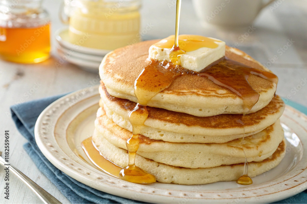 Delicious Stack of Buttery Pancakes Drizzled with Honey Delicious Stack of Buttery Pancakes Drizzled with Honey