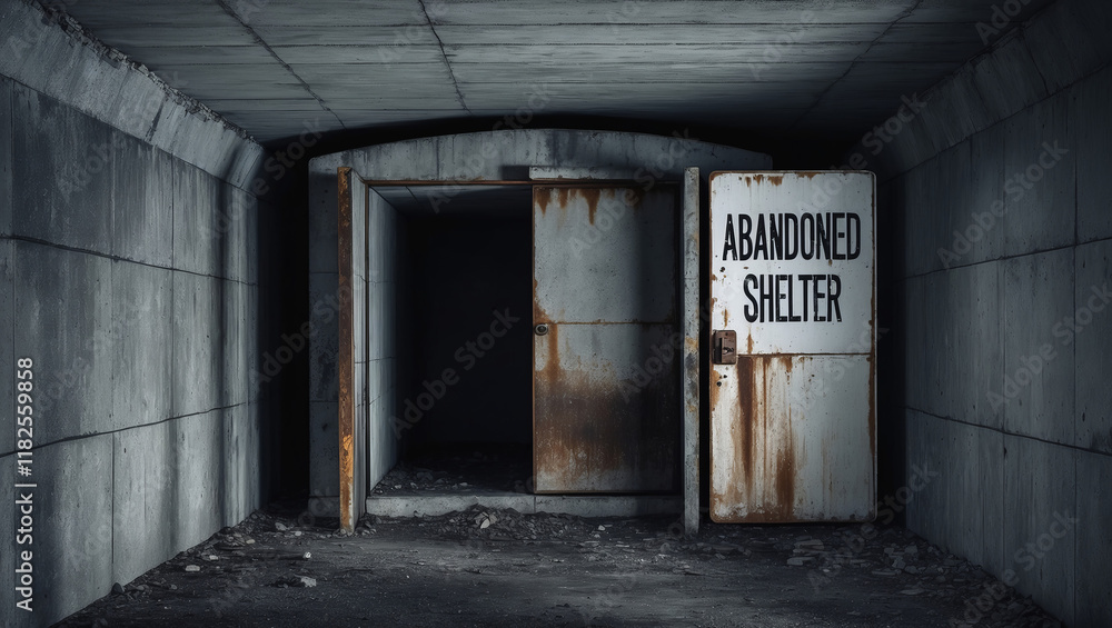 Desolate underground bunker with rusted doors in a dimly lit environment Desolate underground bunker with rusted doors in a dimly lit environment