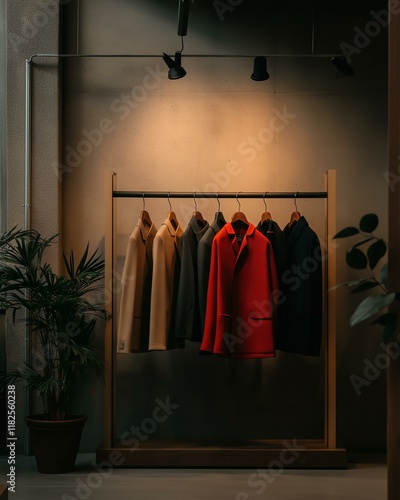 Clothing Rack with Coats in a Minimalist Room, Fashion and Interior Design