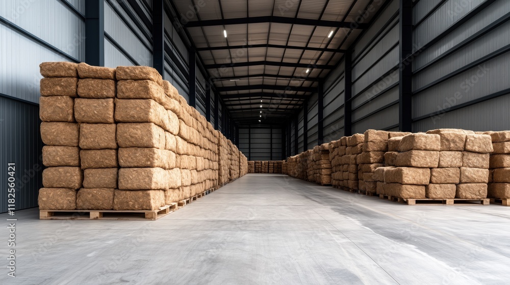 Fototapeta premium Large stacks of hay bales are organized in a well-lit storage facility, with plenty of space between them, showcasing efficient agricultural storage practices