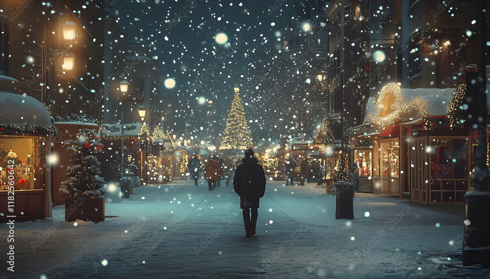 Snowy Christmas scene with snowflakes falling, festive celebration - Snowy Christmas scene with snowflakes falling, festive celebration -