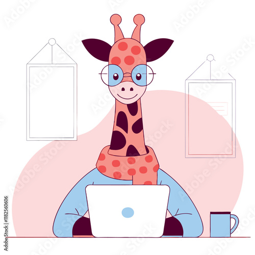 Cute hipster giraffe with glasses works on laptop. Cute mascot character. Vector flat illustration