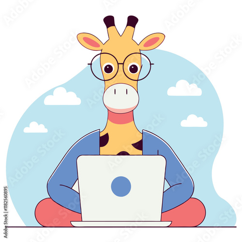 Cute hipster giraffe with glasses works on laptop. Cute mascot character. Vector flat illustration